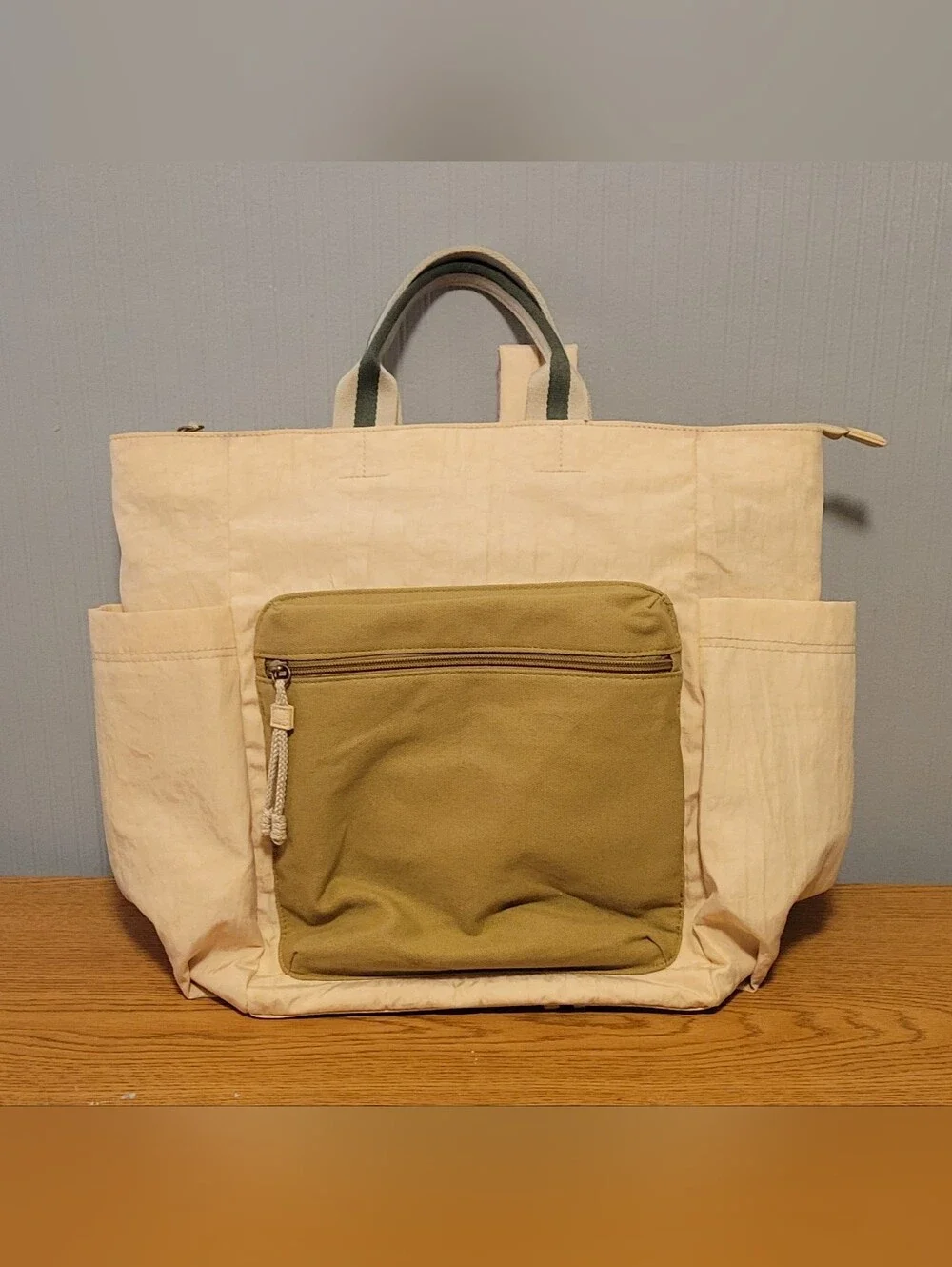 Canvas Daypack Backpack in Cream with Olive Front Pocket